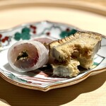 温石 - 鯵の砧巻き オデオゴボウの素揚げ