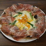 Asparagus and soft-boiled egg pizza