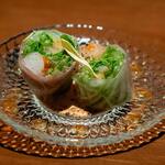 Prosciutto and shrimp spring rolls