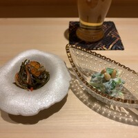 鮨 華 - 子持ち昆布の松前漬け・仙台せりと庄内あさつきの和物