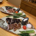 Washoku Dainingu Mihana - 田楽茄子、海老はとし、赤牛網焼き盛り合わせ