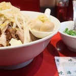 ラーメン二郎 - 汁なし半分＋アブラ少し＋青ネギショウガ半分