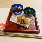 Kappou Ryuuma - 長芋の金山味噌・菜の花の胡麻和え・ホタテのガーリックバターソテー