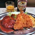 レストラン ポパイ - ハンバーグ＆アジフライセット（ライス、サラダ、みそ汁、スパゲティー付き）