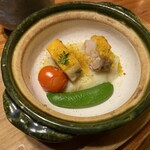 玄海 - 薩摩地鶏もも肉の唐墨焼き
            季節野菜