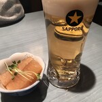 Ichino tori - 生ビール、お通し大根煮