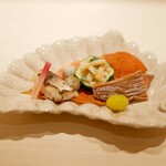 Hoshino - 「強肴」カマス焼き、バチコ、零余子、銀杏、ナマス柿 2020年10月