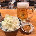 もつ焼き 五反田 ふじ屋 - メガ生ビール999円 パーフェクトサントリービール
お通し339円 生キャベツと味噌