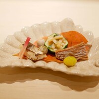 新ばし 星野 - 「強肴」カマス焼き、バチコ、零余子、銀杏、ナマス柿 2020年10月