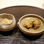 新ばし 星野 - 「強肴」海鼠このわたとも和え、蕗の薹素揚げ 2023年2月