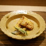 虎白 - 「揚物」穴子、西京漬け行者大蒜、唐墨