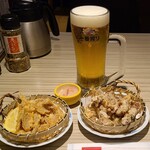 Kozakana Amochin - ①ハーフちーいか天麩羅(税込380円)②ねぶとの唐揚げ(税込530円)③烏賊塩辛(オマケ)
                お酒①キリン一番搾り(生ビール、キリンビール)(税込550円)