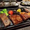 Yonezawa Gyuu Sute-Ki Hoshino - メインのお肉３種食べ比べ。左からヒレ、イチボ、サーロイン。