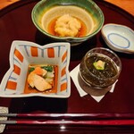 Nodoguro Saryou Akasaka Kaname - 先付け、あん肝ポン酢、もずく酢、白子の唐揚げ