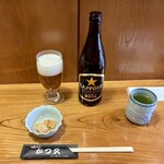 かつ久 - ビールは中瓶でサッポロ黒ラベル以外にアサヒもありました。