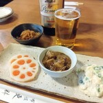 布恒更科 - 季節のおつまみ3種盛り合わせと ビール中瓶