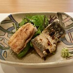 Chatsubo - 白焼き
                        野菜と一緒に盛り付けているのは、お造りをイメージされているそうです。
                        山葵と醤油を使いながらいただきました。