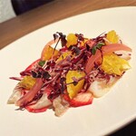 Marinated shark flounder from Nemuro with red hassaku and red walnuts