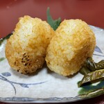 Yamagata Kyou Doryouri Obako - 寒だら汁（どんがら汁）と相性が良い焼きおにぎり（味噌が塗ってあります）