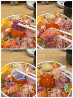 Kaisenndomburidokoro Kokoro - 鮪は赤身だけでなく中トロに近い部位が入っていたり、
                        ホタテはプリプリで甘くて美味しいこと！
                        キュウリやたくあんのポリポリ食感と、
                        トビッコのプチプチ食感も楽しくて…美味しくバランスのいい海鮮丼です♪