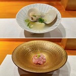 ちょこっと寿し 別邸 - 舞茸豆腐と蛤＆クエ（煎り酒） 