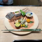 御料理 ふじ田 - 八寸：すけそうだらのタラコ炊き、ホタテ＆水菜、さわら挟み焼き、大黒しめじはくせい揚げ、銀杏、金柑
