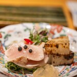 Sumibiyaki Torisei - 2024.2 地鶏のタタキと焼き野菜（地鶏胸肉、長芋、塩ポン酢ジュレ）
