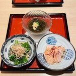 日本酒と和食 花びし - ・菜の花のお浸し
            ・沖縄県産もずく酢
            ・清流美どりのよだれ鶏