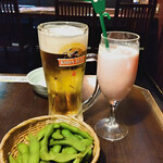 白木屋 - 中ジョッキ　493円/福岡あまおう苺みるく　438円/チャージ　396円×2