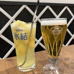 Wagyuu No Taka - ハッピーアワーの生ビール（小）￥290と女性サービスのフリージングサワー（パイン）￥？