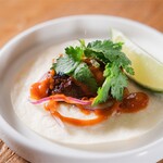 Tuna cheek meat and coriander taco tortilla