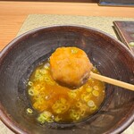 平乃家 - 最後は小ネギと黄身とタレを混ぜて、よく絡めて賞味