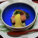 kichijoujikurumaya - 先付／胡麻豆腐、カニ、アスパラガス、茗荷、黄身酢（2014.1）