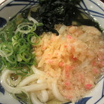 Marugame Seimen - かけうどん　ズーム    かき揚げに見えるケド、刻み紅生姜入りの天カスですョ。