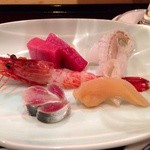 鮨 波やし - ［２回目］刺身５点盛(海老・中トロ・ゲソ・赤貝・イワシ)