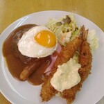 Guriru Mikasa - 上三笠(ハンバーグ・目玉焼き・海老フライ・サラダ)  1,400円