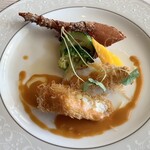 グランマーレ - 近海伊勢海老のカダイフフリット その海老のソースと
      ミルクの泡 宮古島の焼き野菜