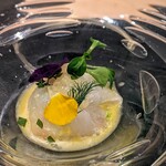銀座 大石 - 平目のマリネ、雲仙蜜柑をベースにしたソースと和えて。ソースは蜜柑の甘みがベースですが、爽やかでクドくない。