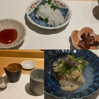 鮨 香輪 - 上は蛸の足と皮吸盤の炙り　菊のようですが蛸の足です。切れそうで切らない、寸止め、凄い包丁捌きでした右下の肝あえも美味しい
