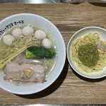 Tokyo Bay Fisherman's Noodle - 潮らぁ麺 （しおらぁめん）　１２００円　（うずら　２００円） ＆ 貝玉 （かいだま） 半玉　２００円(2024/02)