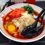 蒙古タンメン中本 - 北極の華+野菜大盛り++ほうれん草+のり+生卵+チャーシュー2枚