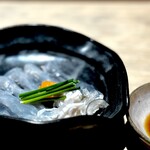 菊鮨 - 鉄刺。 関西以南では鉄刺、関東ではふぐ刺し。 30年以上前、関東に越してきた僕が驚いたのが、うどん、醤油、鉄刺の厚みでした。 馴染むのに時間がかかり、関東風のうどんは今でも食べれません。 ふぐの身を引くならここまで薄くしなきゃ。 美しく素晴らしい歯ごたえ。 実は、直近のレビューを見て期待してたんです。