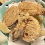 Kandayabusoba - 季節の天ぷら(蓮根・薩摩芋・きす・春菊・牡蠣)