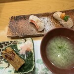 Gin Zushi - ノドグロ（左）と鮪の炙り、煮穴子にアオサの味噌汁