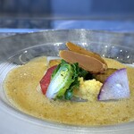 Teppanyaki Mai - 前菜「冷製ぶり大根　カレー風味」・・斬新な鰤大根で、映えます。♪ ナント「唐墨」が盛られていてます。(≧◇≦)。