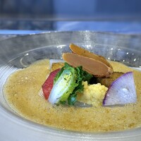 鉄板焼 舞 - 前菜「冷製ぶり大根　カレー風味」・・斬新な鰤大根で、映えます。♪ ナント「唐墨」が盛られていてます。(≧◇≦)。