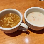 ステーキ宮 - 鶏のスープとクラムチャウダー