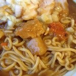 新潟ふるさと村 - 具も麺もたっぷりです♪生玉ねぎは辛いけど。