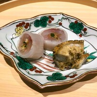 温石 - アジの砧巻き、オデオゴボウの素揚げ