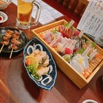 魚菜食 しゃもじや - 刺盛り、あん肝、皮タレ焼き